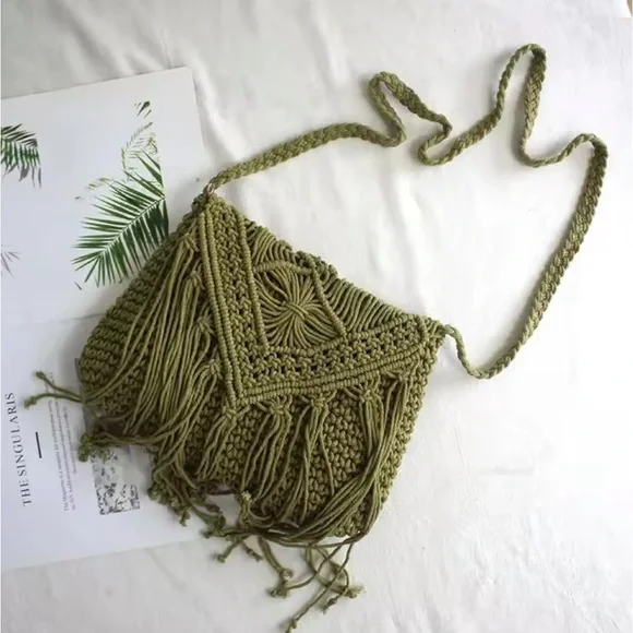 Handcrafted Olive Green Macrame Bag - Picture 2 of 3
